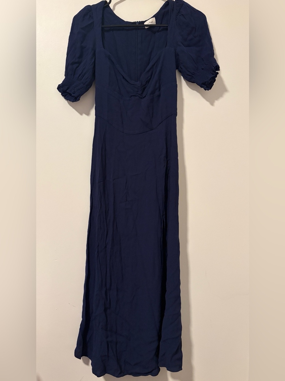 Wilfred by Aritzia Tome Dress Navy Blue Putf Sleeves Slit Feminine Girly